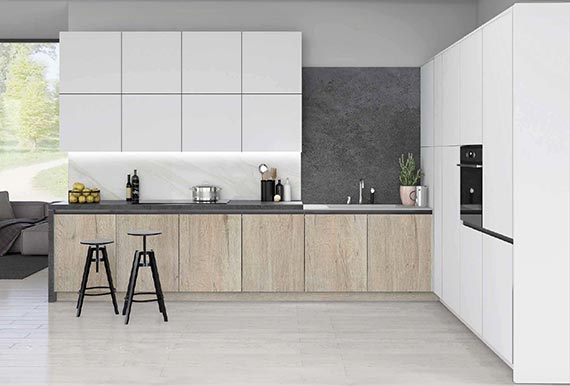 Image of the Edged Vaasa Kitchen in White Sand Grey and Halifax Oak