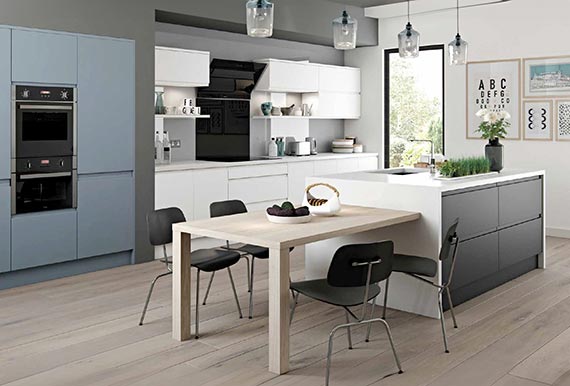 Image of the Painted Arena Kitchen in Denim White and Graphite