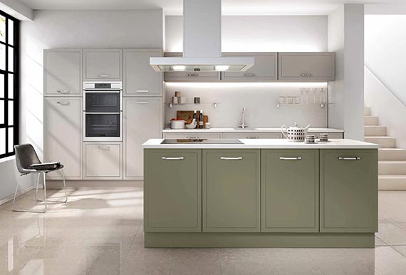 Image of the Painted Gladstone Kitchen in Moss Green and Taupe