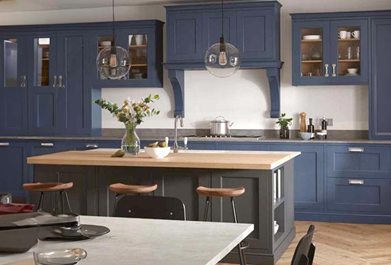 Image of the Painted Edison Kitchen in Eiffel Blue and Graphite