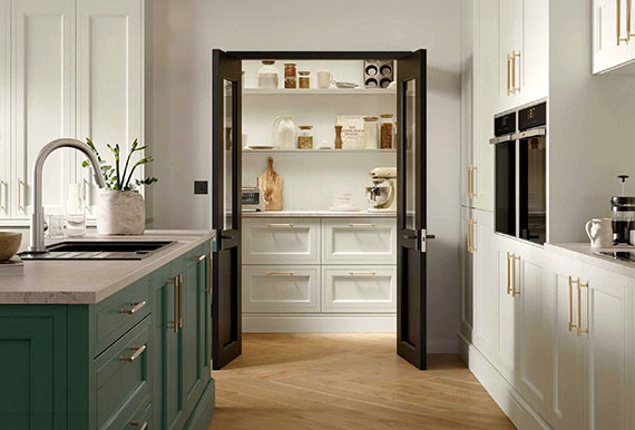 Image of the Painted Rainey Kitchen in Porcelano and Liberty Green